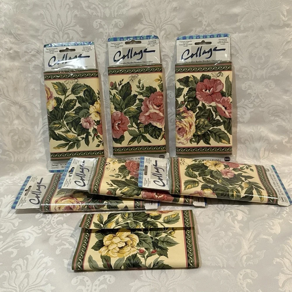 Lot 6 Pink Yellow Roses 634272CD  Prepasted Wallpaper Borden Border New 5 Yards